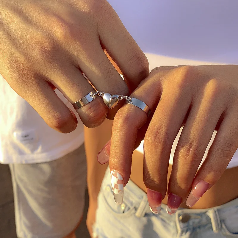 

2Pcs Heart Couple Rings Love Forever Simple Matching Adjustable Ring Set for Women Fashion Wedding Jewelry Valentines Day Gifts