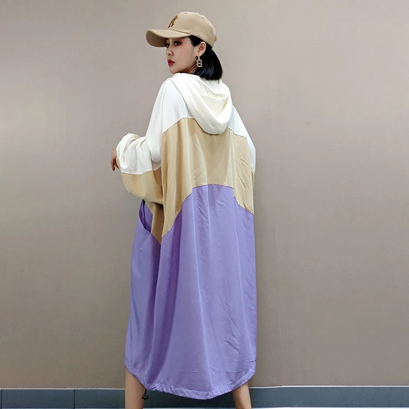 

SHENGPLLAE Contrast Color Patchwork Dress Women's Spring 2021 New Hooded Large Size Zipper Long Sleeve Knee-length Dresses 5B100