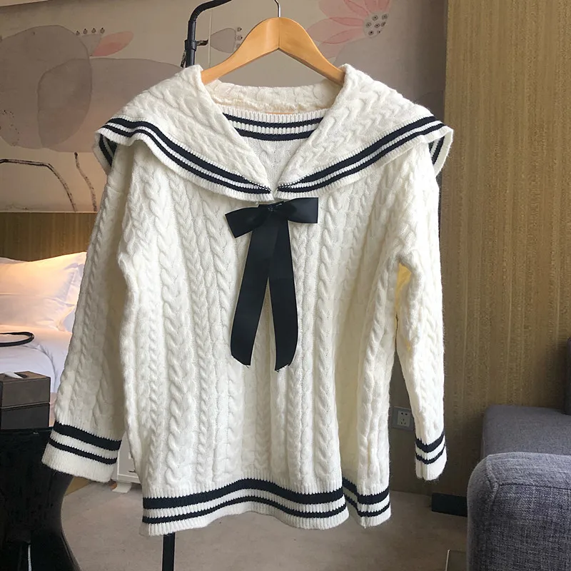 

Sweet Korean Female Sweaters 2020 New Autumn Winter Crew Collar Twist Knit Pullover Fashion Kawaii Bowtie Oversized Knitted Tops