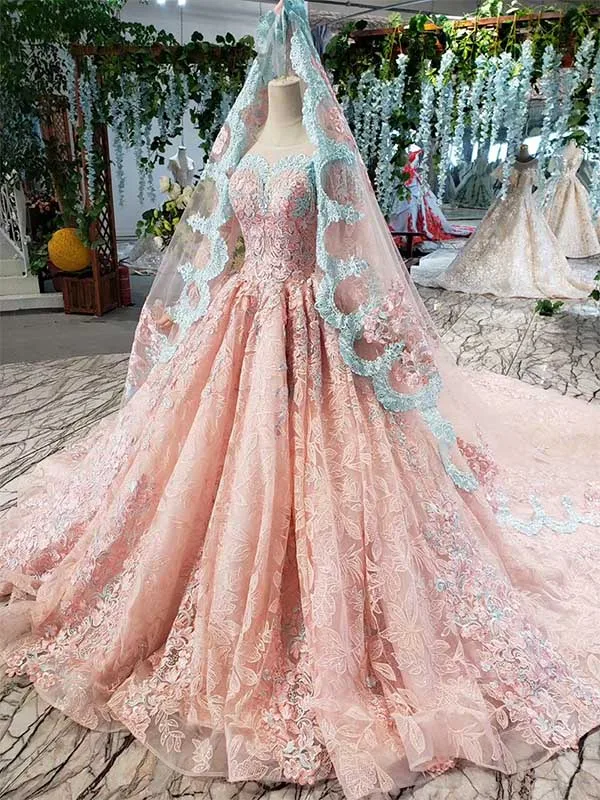 as picture HTL828 розовое вечернее платье длинное иллюзионное мусульманское платье с круглым вырезом и длинным рукавом свадебное платье с кружевной аппликацией платье musulmane soiree - Цвет: as picture