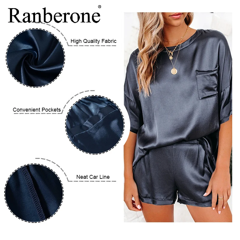 Ranberone 2 Piece Women's Suit Solid Color Round Neck Tracksuit Loose Short Sleeved + Shorts Casual Home Service Suit 2021