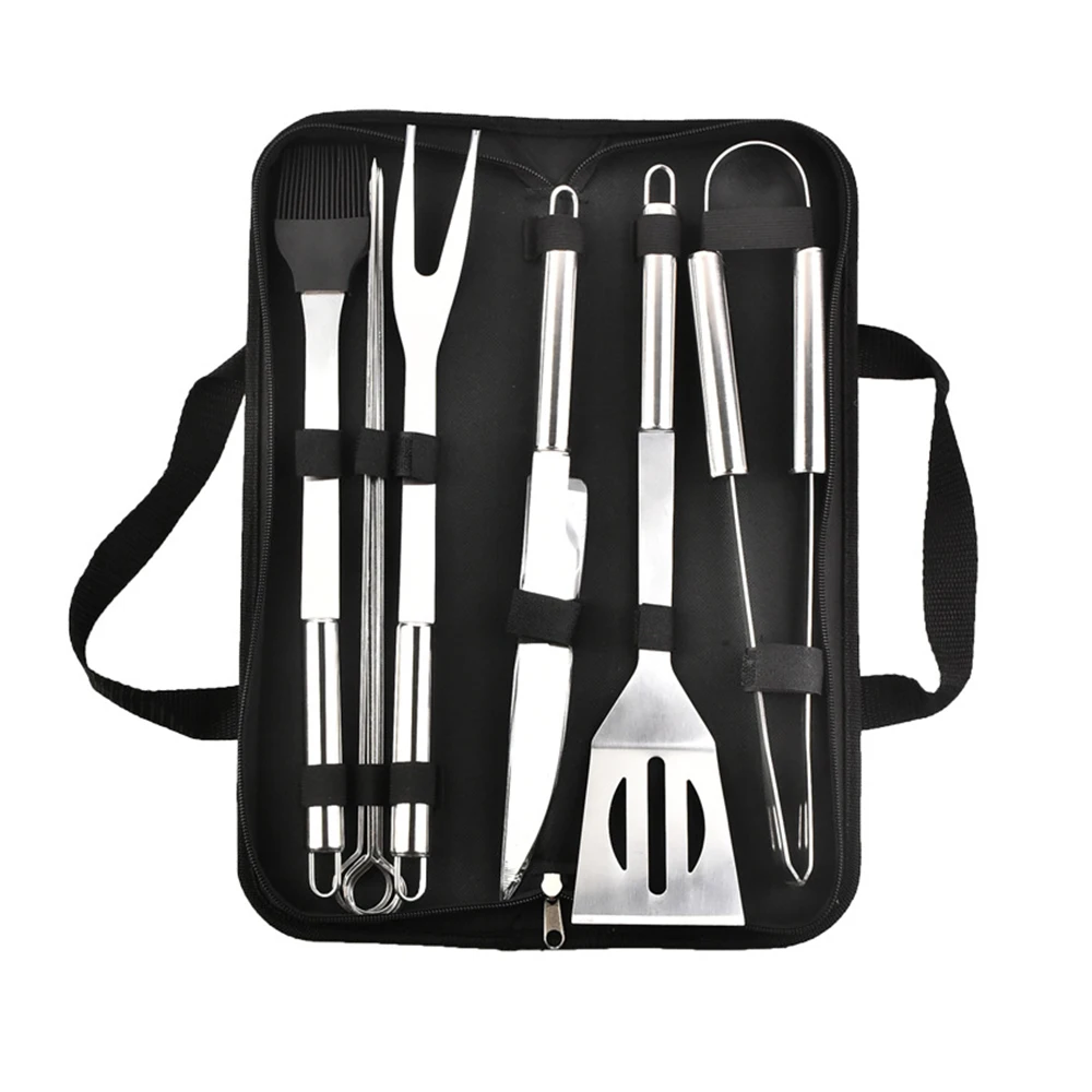 

Stainless Steel BBQ Grill Tool Kit Carrying Bag Set Tong Basting Brush Spatula Cleaning Brush Meat Fork Skewers Corn Holders