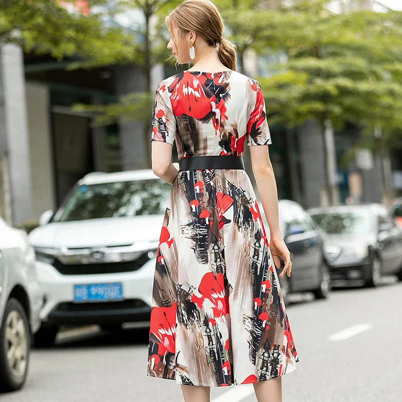 

Designer 2020 Summer Abstract Print V-neck Dress Holiday Women Elegant Short Sleeve Dresses Lady Vestidos + Belt