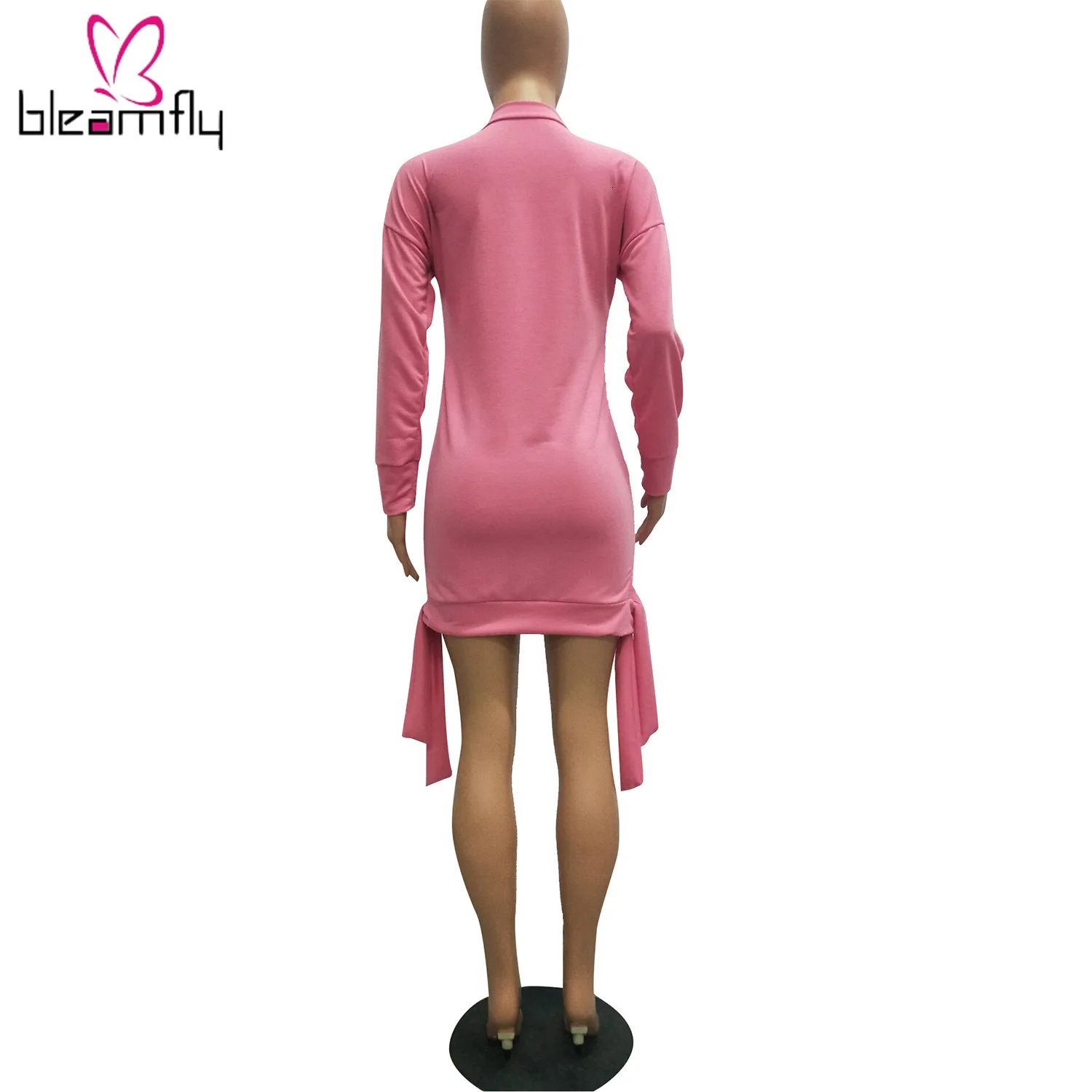 2019 женское осеннее Новое однотонное мини платье с длинным рукавом и завязками