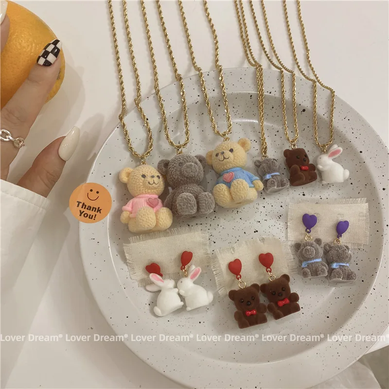 

Lolita Cute Cartoon Bunny Bear Pendant Sweet Cool Hottie Chain Golden Titanium Steel Necklace Kawaii Harajuku Girlish Jewelry