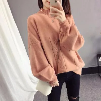 

0.6 New Arrival Thick Winter Knitted Women Sweater Pink Half Turtleneck Solid Color Loose Pullover Korea