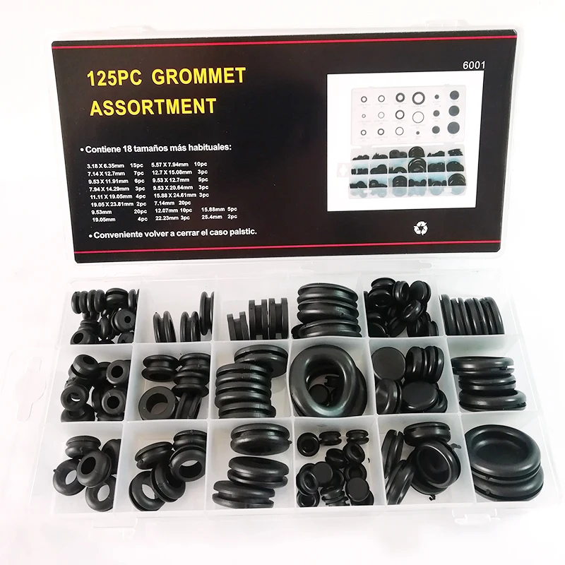 

125 Pcs Black Rubber Grommet Firewall Wiring Cable Gasket Assortment Case Set