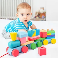 montessori wooden train truck blocks educational learning toys geometric children kids building bricks gift