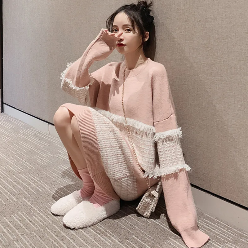 LANMREM 2020 Mid-length Black Sweater Skirt Female Loose Long-sleeved Round Neck Outside The Knee-shoulder Head Spring 19B-a157 | Женская
