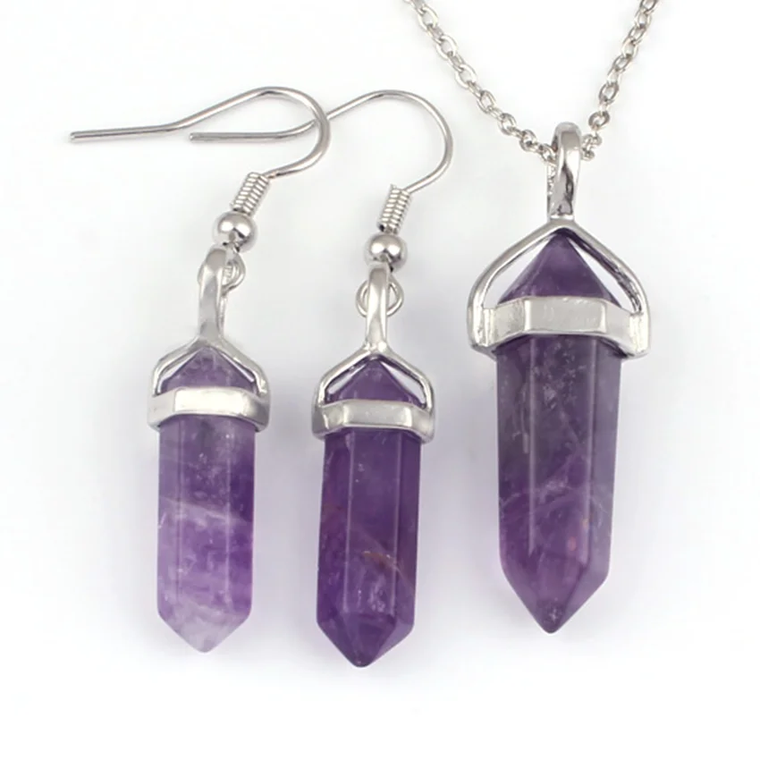

100-Uique Silver Plated Classical Natural Purple Amethysts Hexagonal Column Pendant Necklace Dangle Earrings Jewelry Sets