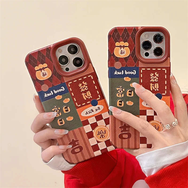 

2022 New Year iPhone Leather Case Cartoon Get Rich Tiger For iphone 12 Pro Max 13 11 Pro Max XR X XS Max Shockproof Case