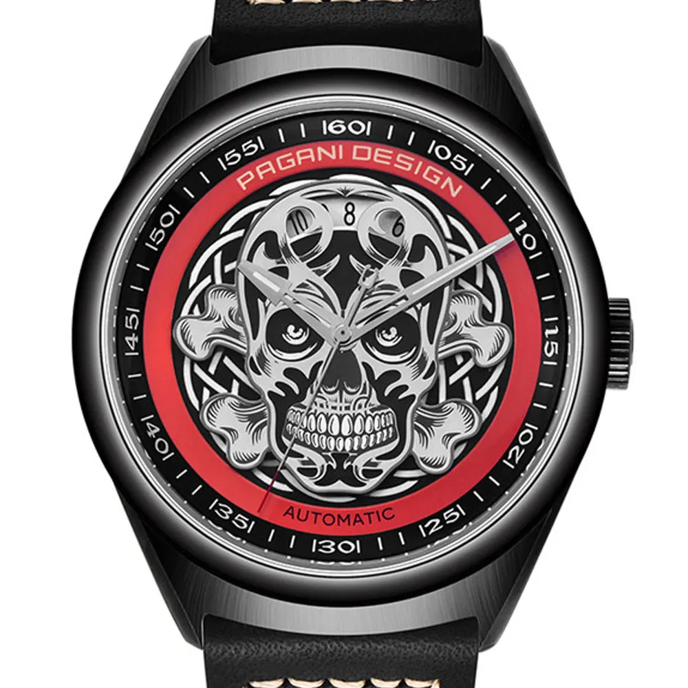 43 мм Pagani Дизайн Классический 3D череп панк стиль черный циферблат кожа мужские