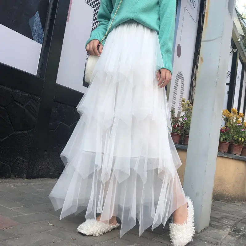 

Skirts Women Elegant Mesh Ankle-Length Irregular Solid High Waist Leisure Slim Students Sweet Pink Womens Skirt All-match Girls