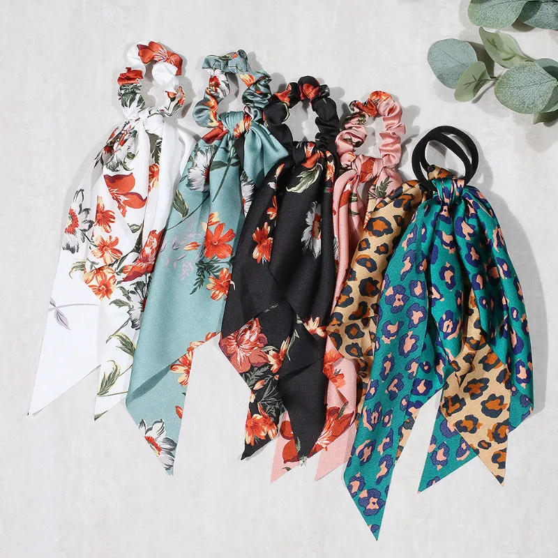 

Korea Print Bow Scrunchies Elastic Hair Bands Solid Women Girls Headband Ponytail Holder Ties Rope Accessories