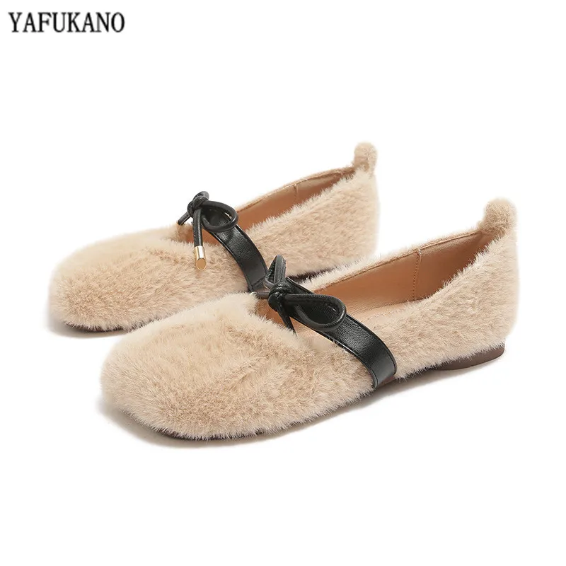 

2020 Autumn New All-Match Fur Flat Shoes Simple Comfort Sweet Butterfly-Knot Furry Casual Flats Soft Sole Non-Slip Walking Shoes