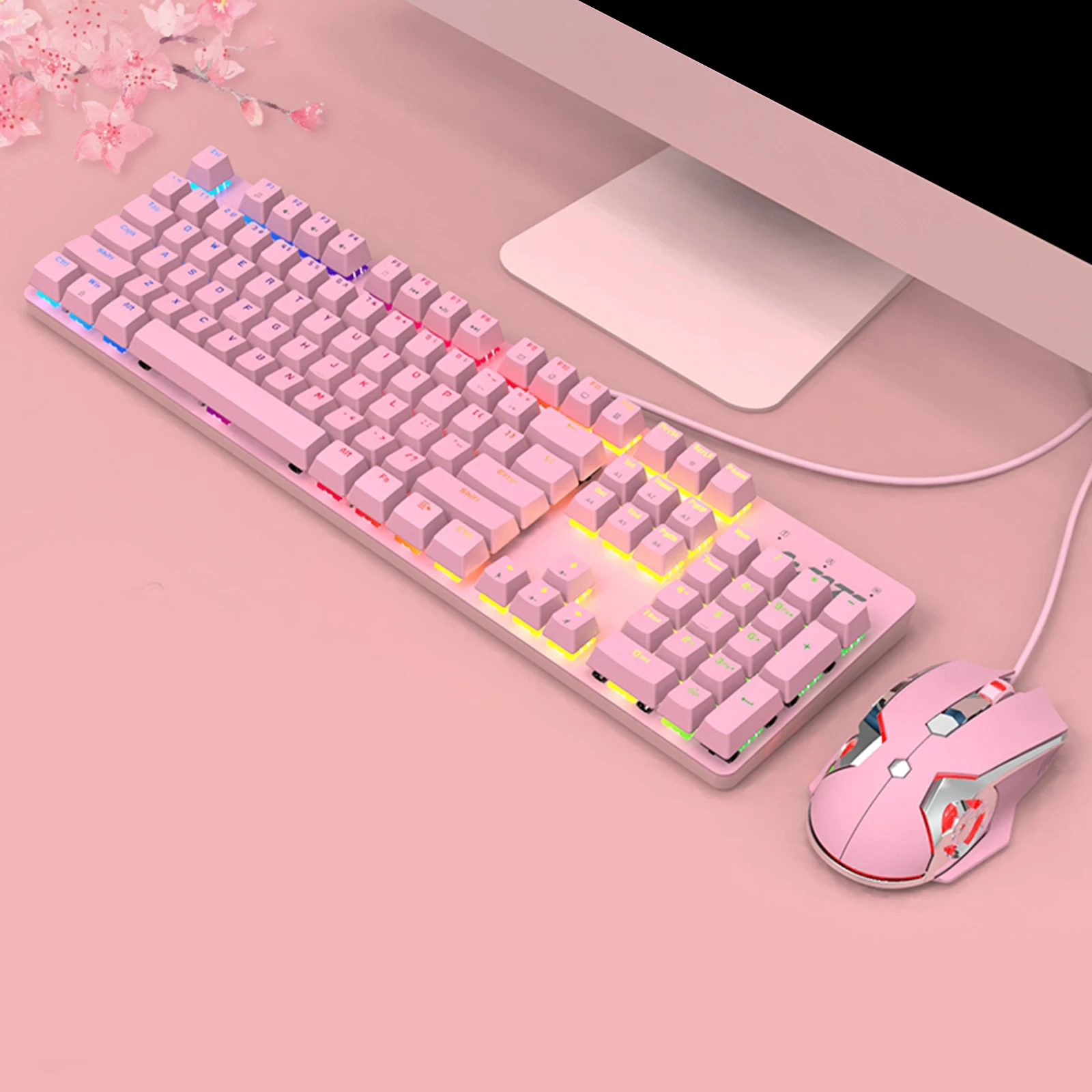 

RGB LED Backlight Wired Mechanical Keyboard Typical Blue/Red Switch Full Keys Mice Kit for Gamers Desktop