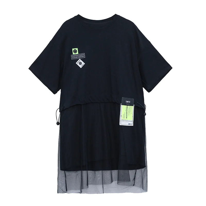 

XUXI Women Black Casual Dress 2021 New Summer Mid-length Loose And Thin Stitching Mesh T-shirt MINI Skirt E2053