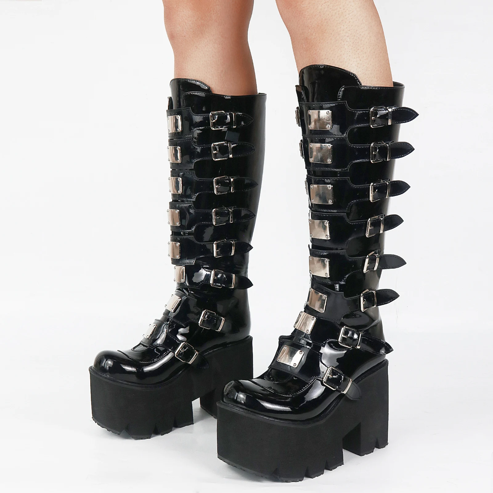 

Big Size Cool Motorcycles Boots Over Calf Chunky Platform Square Heels Fashion Black Halloween Cosplay Gothic Woman Shoes