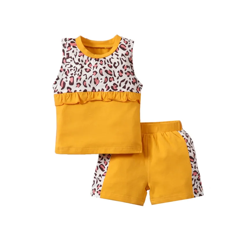 

Жилет и шорты для маленьких девочек, модный костюм с оборками, топы без рукавов с леопардовой строчкой и эластичные шорты, лето 2021