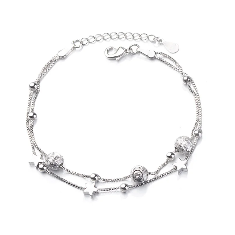 Женский браслет из серебра 925 пробы с бусинами и двойной цепочкой|Браслеты