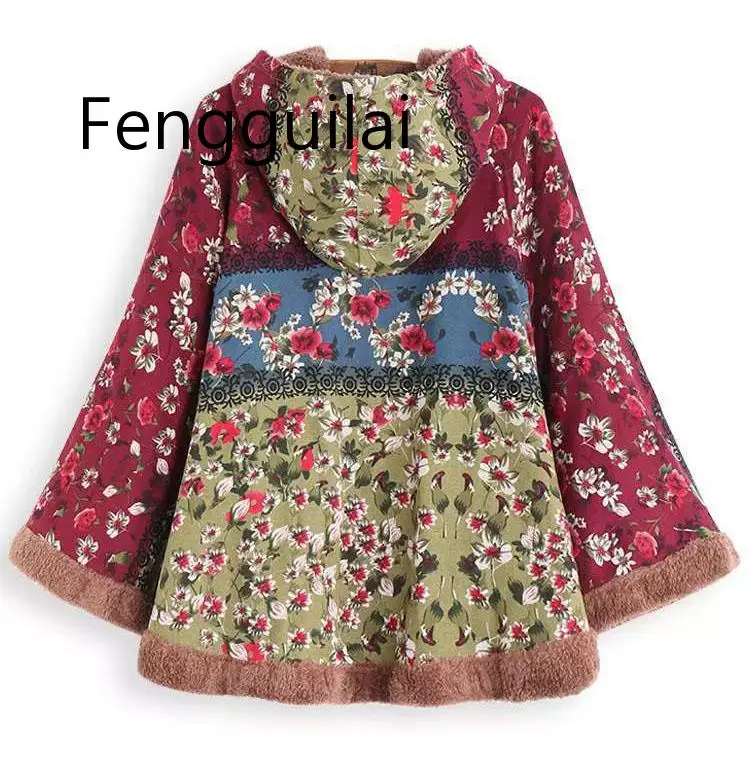 

Female Vintage Velvet Thickening Cloak Ponchos Hoodies Flowers Printing Character Women Winter Fleece Cotton Jacket Coats
