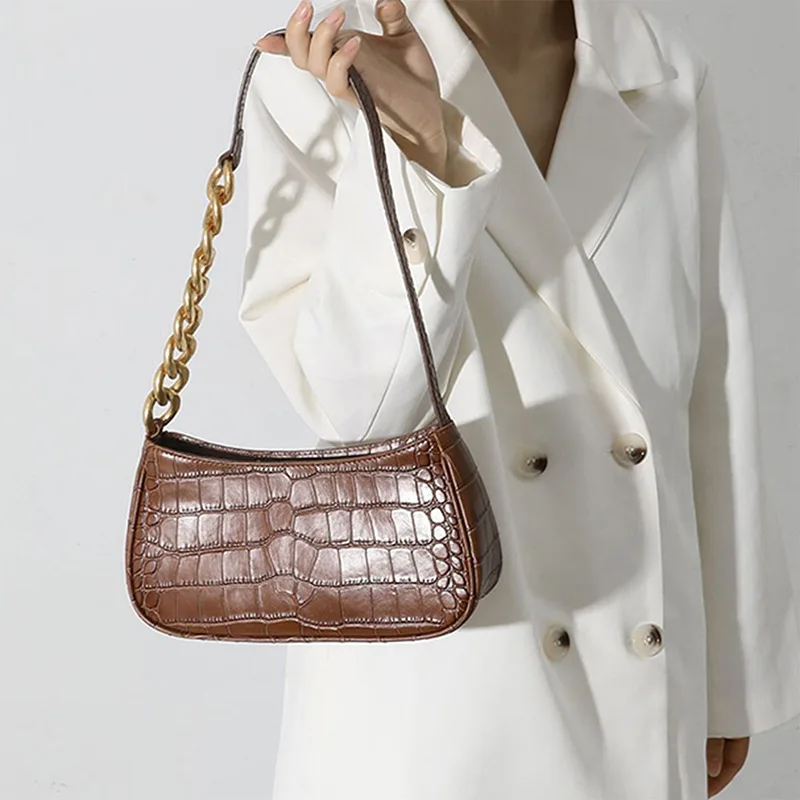 

Женские сумки через плечо для женщин, сумочка на плечо, модный кошелек в стиле ретро, багет с цепочкой и каменным узором