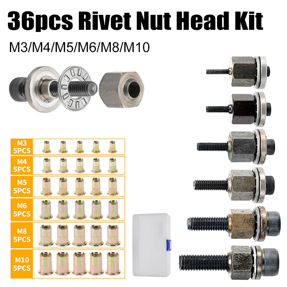 

36pcs Aluminum Alloy Rivnut Hand Rivet Gun Head Set For Rivet Nut GunTool M3/M4/M5/M6/M8/M10 Simple Installation Manual Riveter