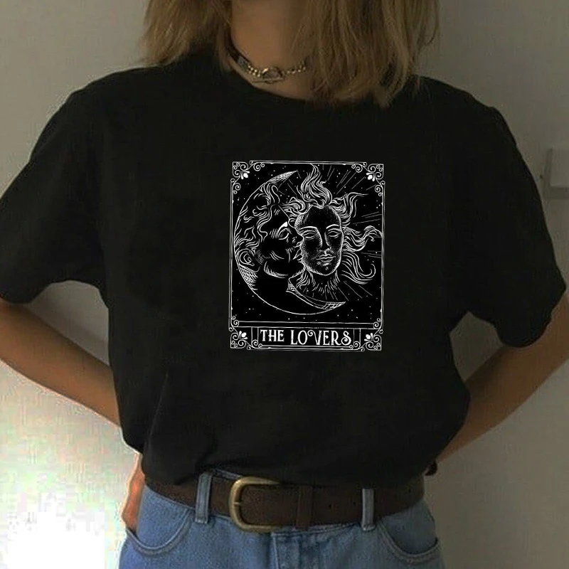 Tarot Sun Moon The Lovers Graphic Tee Black Gothic Cool Grunge 90s Fashion Unisex T-Shirt Casual Funny Harajuku Tumblr Women Top | Женская