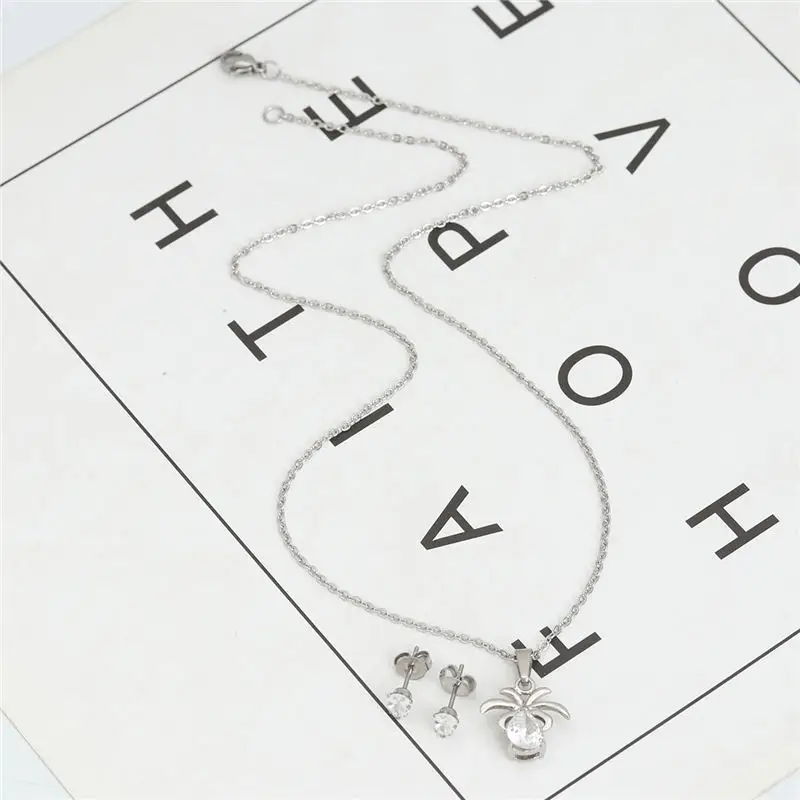 

1 Set Fashion Stainless Steel Necklace Earrings Set Drop Clear Cubic Zirconia Jewelry Gifts 44.7cm, Post Size: 20 gauge