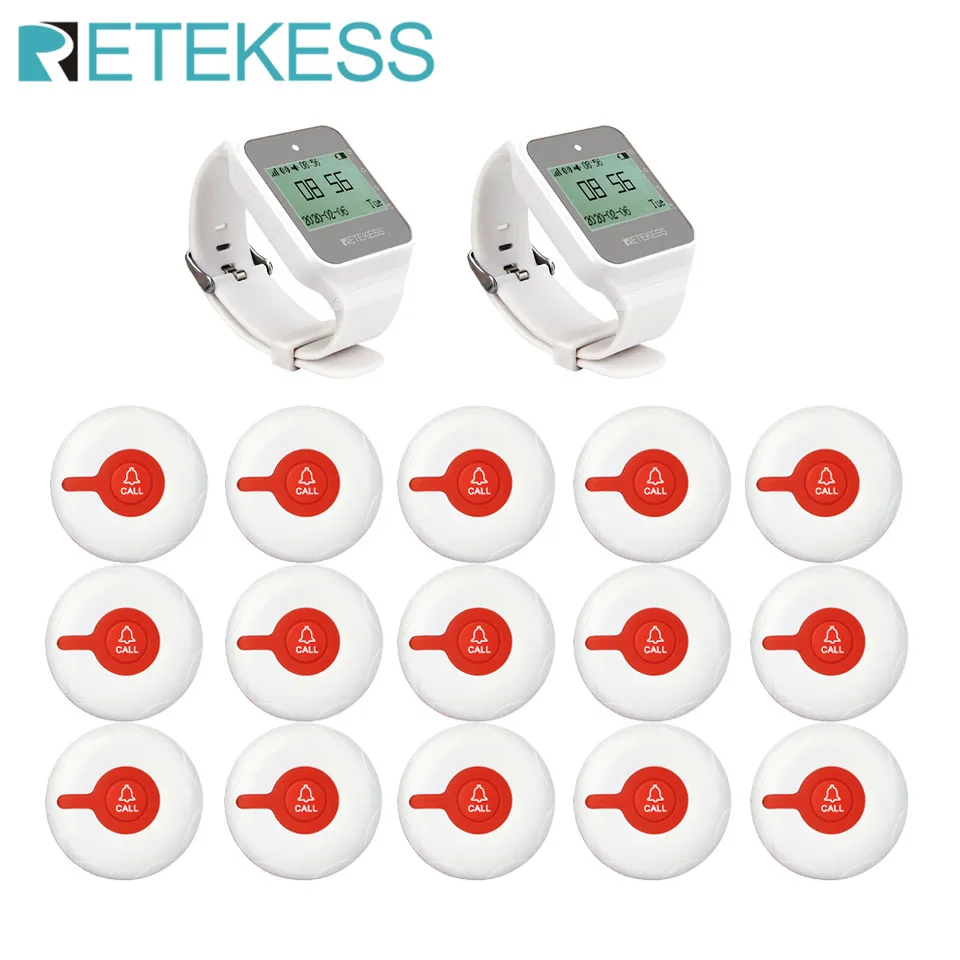 RETEKESS Wireless Waiter Calling System Restaurant Pager 2 TD108 Watch Receiver +15 TD009 Button For Hookah Nurse Clinic