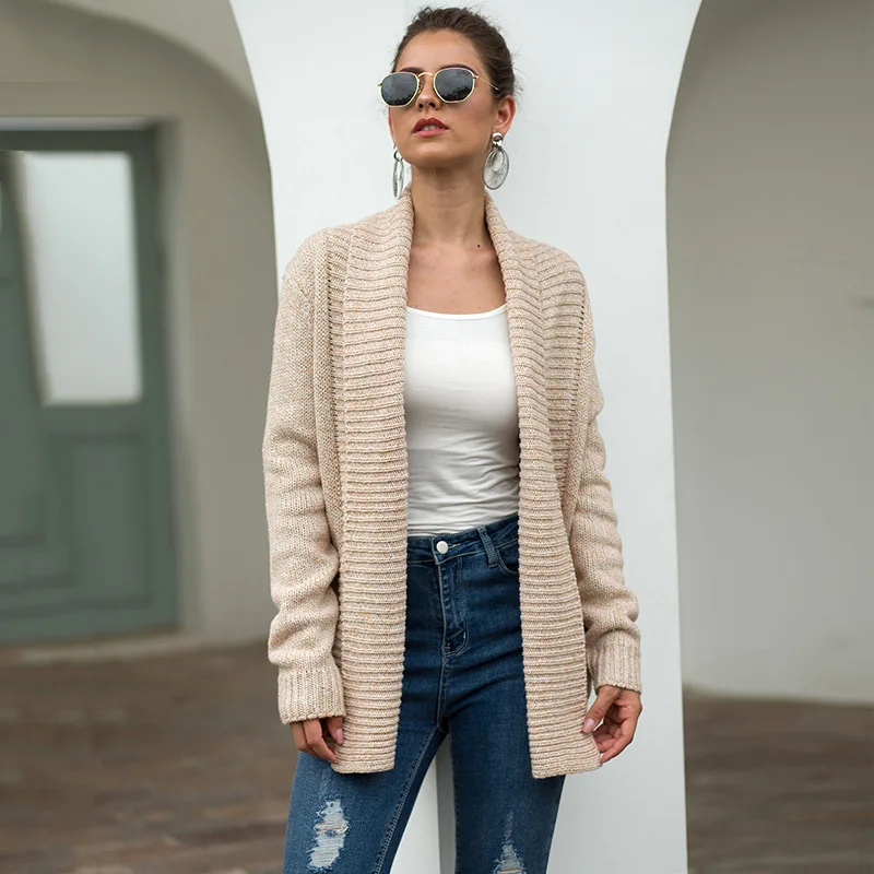 Осенне-зимний толстый вязаный женский свитер кардиган с отложным воротником