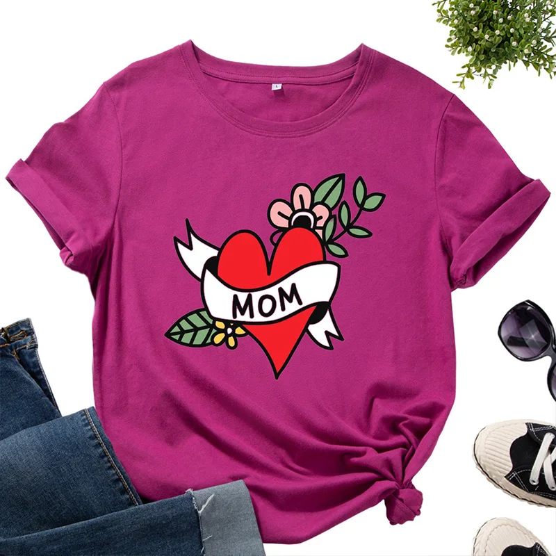 

2021 Short Sleeve Tops Summer Pullovers Mom T Shirts Oversize Top Women Clothes LOVE Pattern Tops Tees Female T-shirts Harajuku