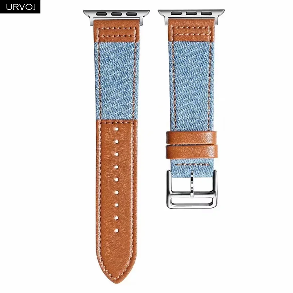 L blue Brown URVOI джинсовая лента для Apple Watch 5 4 3 2 1 кожа с джинсовым ремешком для iwatch полотно холста 40 мм 44 мм Прочный с адаптером - Цвет ремешка: L blue Brown