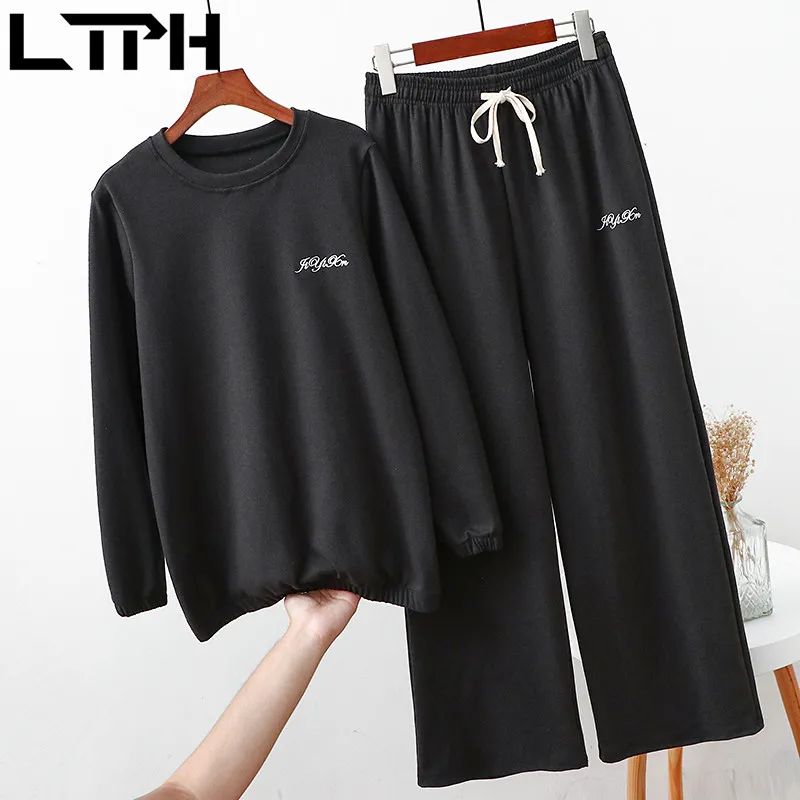 LTPH-Conjunto de 2 piezas bordadas para mujer, ropa de talla grande, sudaderas holgadas estilo stayhome, pantalones fáciles de combinar, trajes, primavera 2021