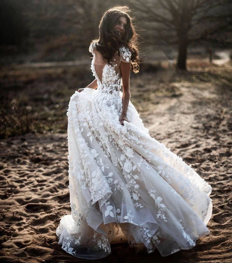 Кружевное свадебное платье с цветочным 3D рисунком сексуальное открытой спиной и