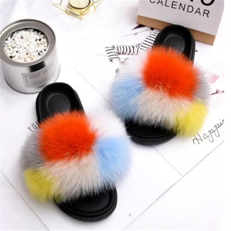 

Шлепанцы женские зимние в полоску, меховые сандалии, пушистая плюшевая обувь, Лисий мех, сланцы