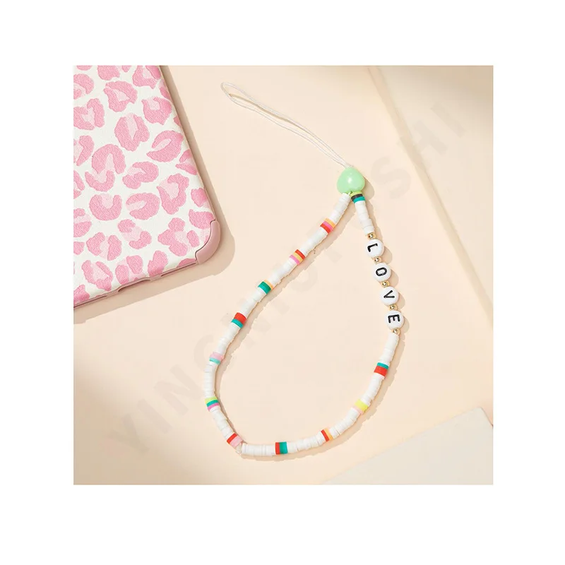 

Green Acrylic Mobile Phone Lanyard Soft Pottery Heart Mobile Phone Chain Short Anti-lost Ladies Key Chains Cord