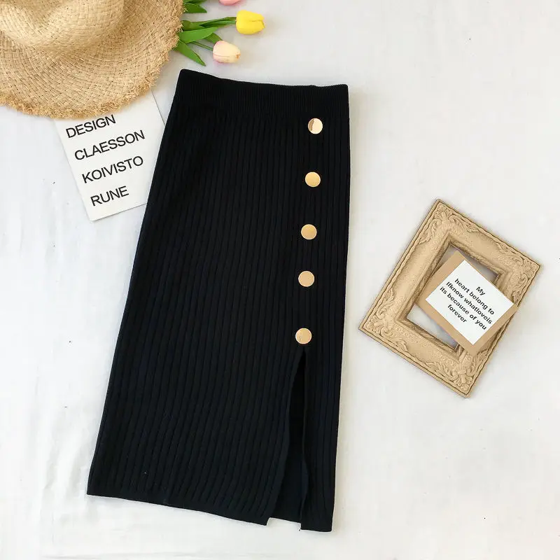 Black skirt Зимние вязаные женские юбки с высокой талией, Осень-зима, Элегантные вязаные эластичные облегающие сексуальные юбки с разрезом - Цвет: Black skirt