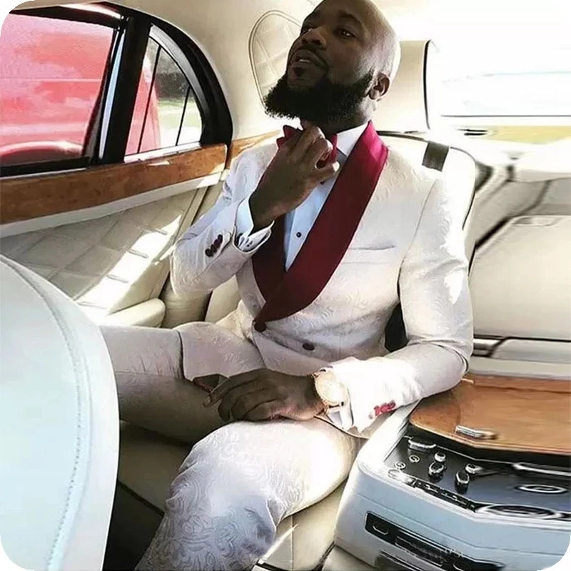 White Men's Wedding Suits - Prom Suit for Men Groom Tuxedo Blazer | Burgundy Shawl Lapel Costume | Slim Fit Terno Masculino image 5