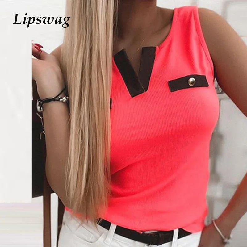 

Женская офисная блузка без рукавов, Повседневная облегающая блузка в стиле ретро с V-образным вырезом, пуловер на пуговицах, лето 2021