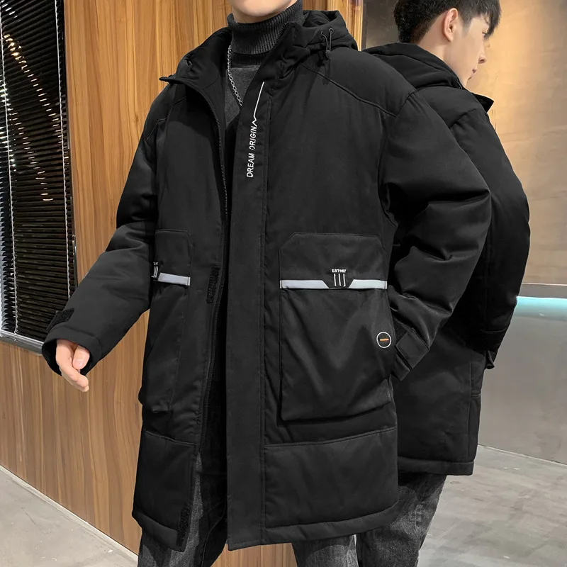 New Causal Winter Men's Mid-Length 90% White Duck Down Jacket Thick Warm Long Hooded Parkas Outwear Top Down Coats Solid Puffer