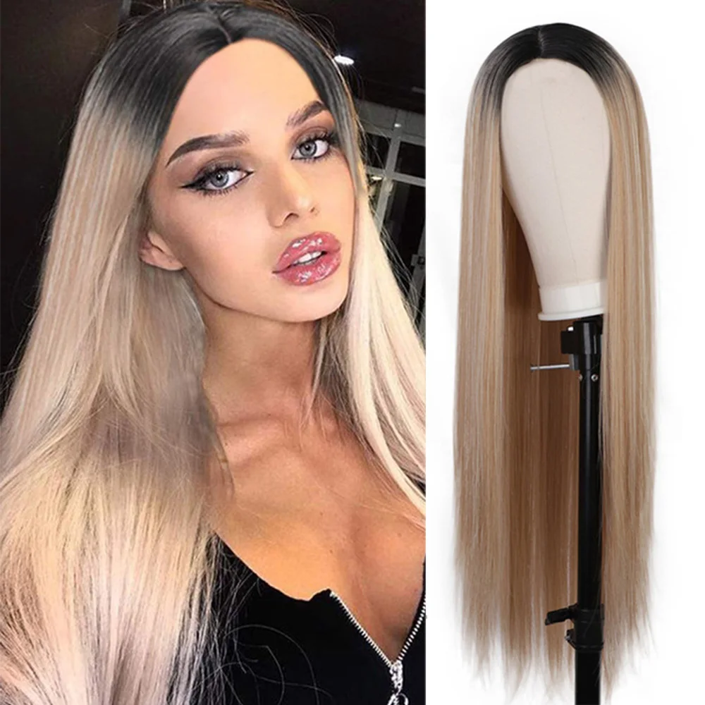 

Ombre 99J 27 Long Straight Hair Heat Resistant Synthetic Hair Wigs 30inch Middle Part Natural Black Daily Wigs For Women