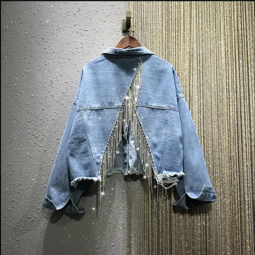 Женская джинсовая куртка Boho свободная короткая бомбер с бахромой стразами и