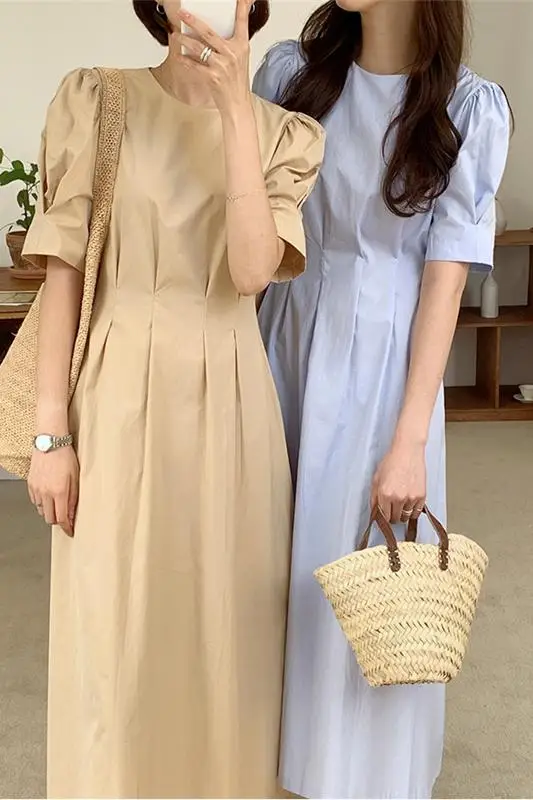 

2021 Summer New Style Puff Sleeve High Waist Pleated Lace-up Elegant Versatile Korean Style Retro Dress Bandage Dresses