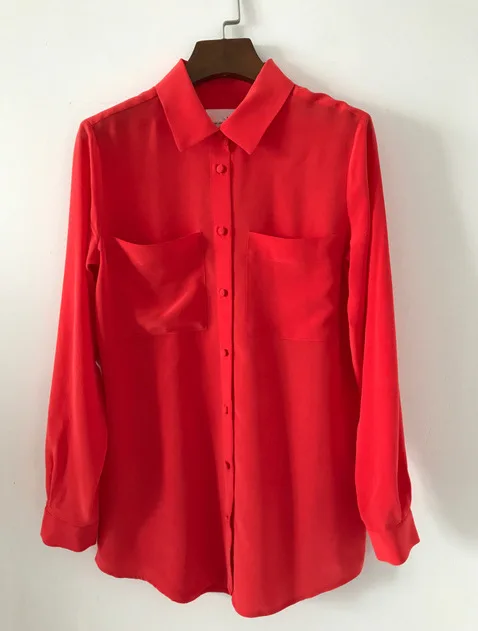 Bright Red Женская рубашка песочный промытый шелк креп рубашка Простой двойной карман элегантная застежка шелковая рубашка - Цвет: Bright Red