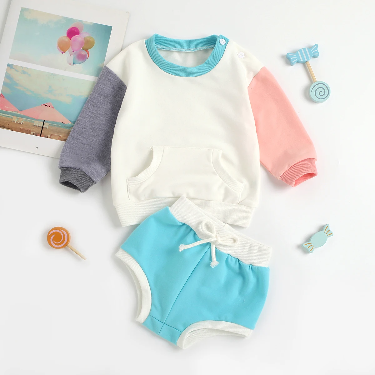 

Babies Casual Two-piece Clothes Set, Variegated Color Round Collar Pullover and Shorts, 0-24 Months