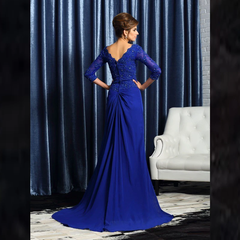 

Royal Blue Mother Of The Bride Dresses A-line V-neck 3/4 Sleeves Chiffon Appliques Beaded Long Groom Mother Dresses For Weddings