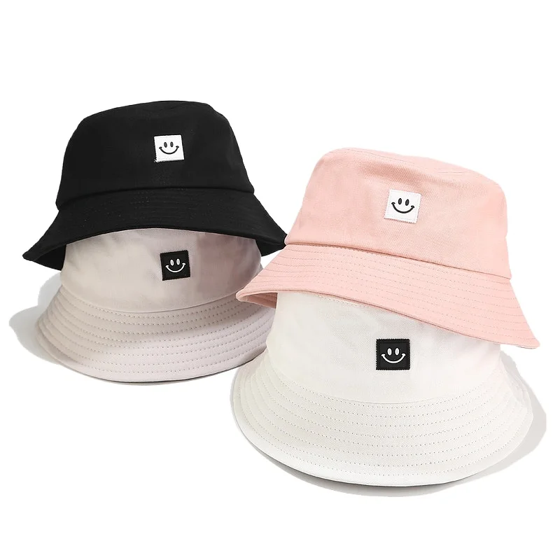 

шапка Smile Face Women Bucket Hat Solid Color Cotton Sun Hat Outdoor Sports Travel Beach Panama Patch Stitched Fishermen Female