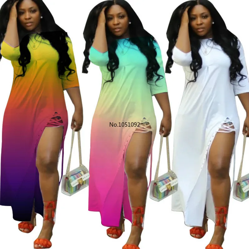 Женское летнее платье с градиентным принтом рукав три четверти высоким разрезом