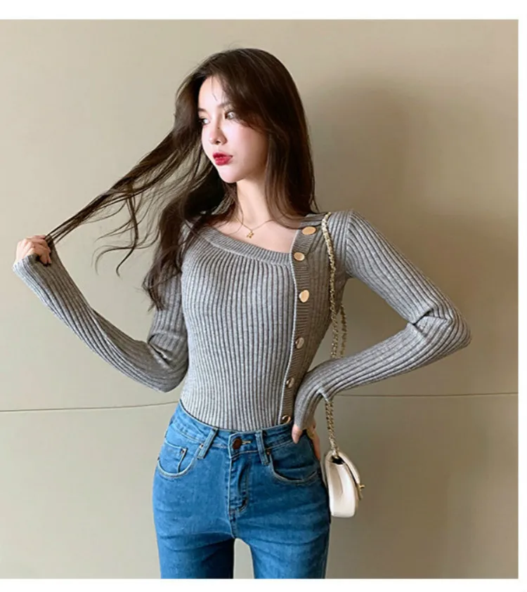 

2021 Long Sleeve Chic Solid Color Top Women New Autumn Ladies All-match Sweater Single-breasted Knitted Cardigan